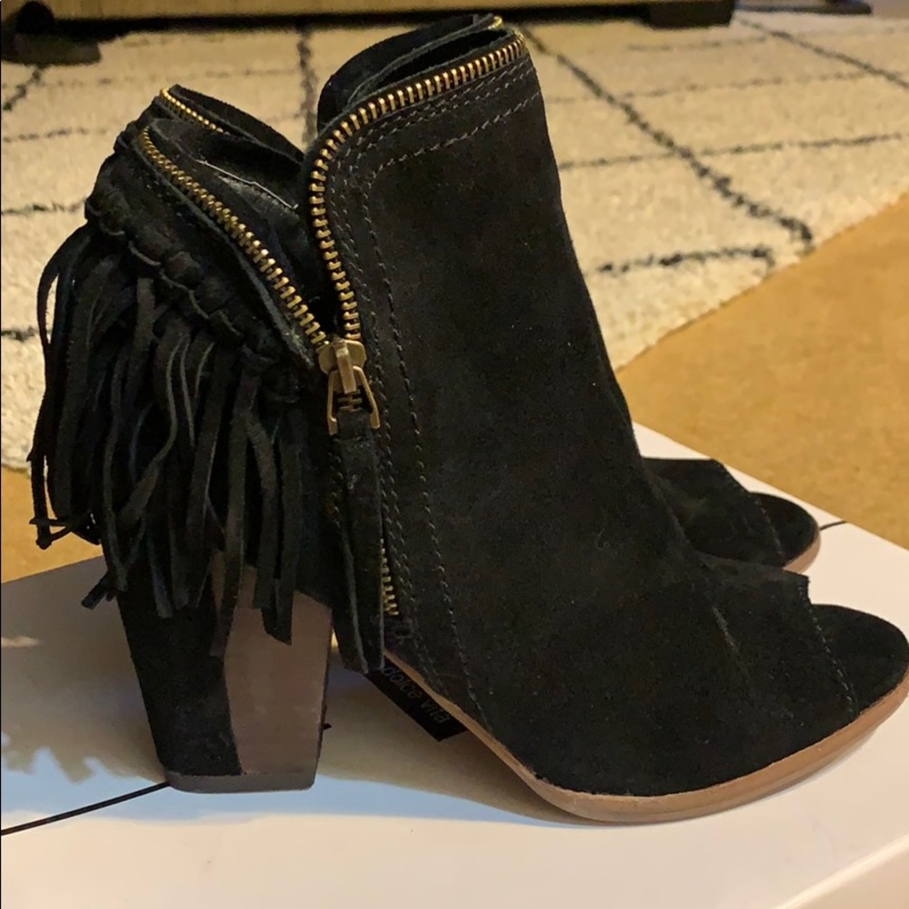 Dolce Vita Black Suede Fringe Peep Toe Heel